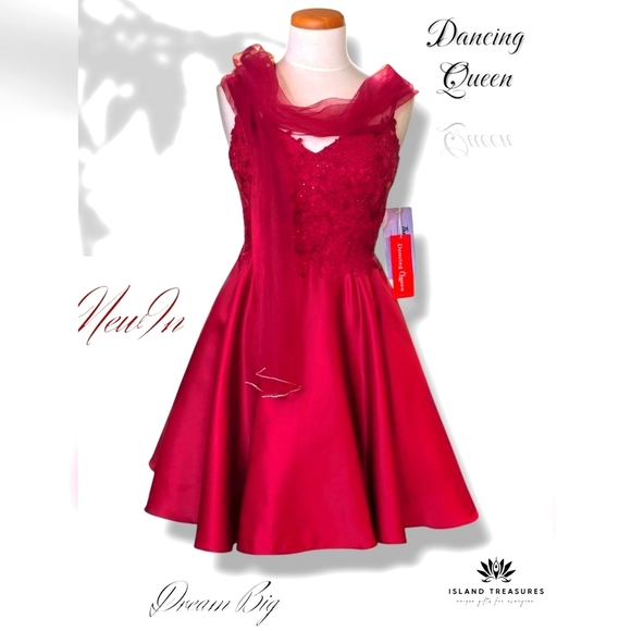 NWT Dancing Queen Red Prom Dress Lace Sequin Accents With Shawl Size Medium - Picture 1 of 16